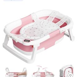 Collapsible Baby Bathtub for Infants and Toddlers with Bath Net and Thermometer Bright Pink
