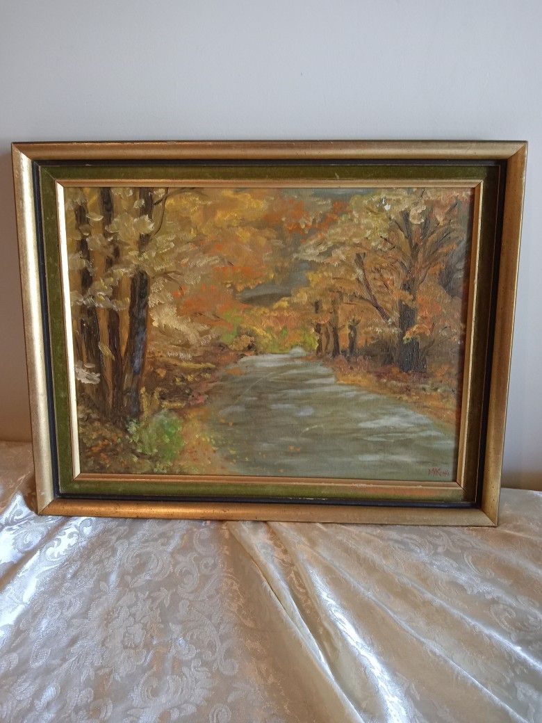 VINTAGE OIL PAINTING ON CANVAS SIGNED M. KING ART EXCELLENT CONDITION VELVET LINING SIGNS OF WEAR. 18.5" X 14.5"