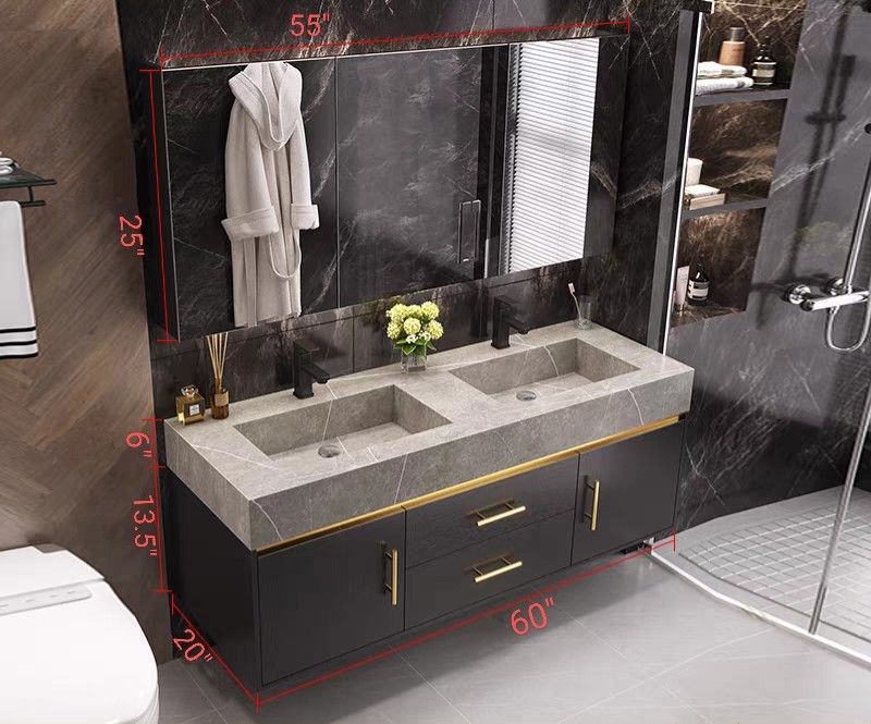 60" Sintered Stone Double Sink Floating Bathroom Vanity Black and Gray w/ Medicine Cabinet & Faucet