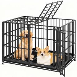 60" Heavy Duty Indestructible High Anxiety Dog Crate Cage for Large Dog with Steel Escape Proof,Double Doors ,Lockable Wheels and Removable Tray