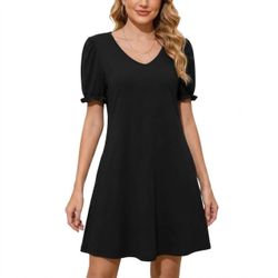 Nivyee Black V-Neck Puff Sleeve Midi Dress with Pockets Size XL Soft Stretch 