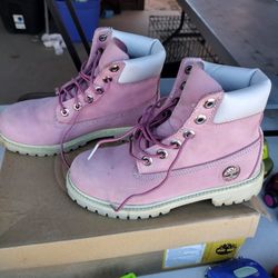 Timberland Girl's sz 3.5 Pink Suede Leather Ankle Boots Lace-up preowned