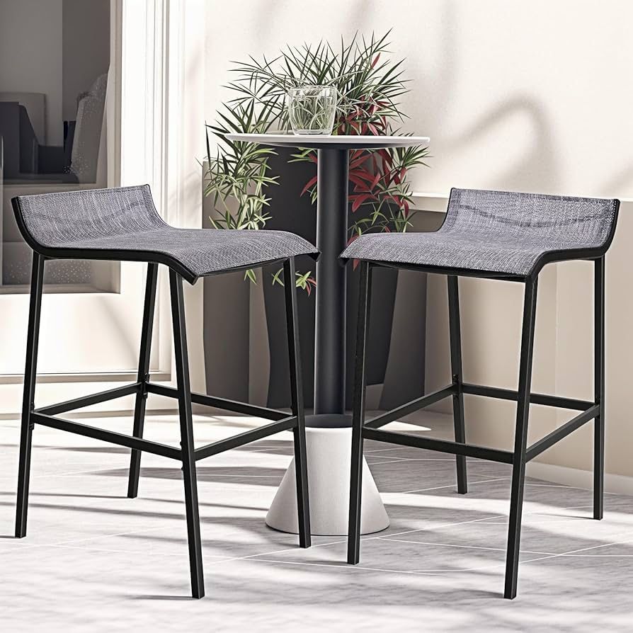 Bar Stools Set of 2, Counter Height Bar Stools Chairs with Low Back and Footrest, Metal Barstools, Breathable Textilene Fabric Stools for Indoor Outdo