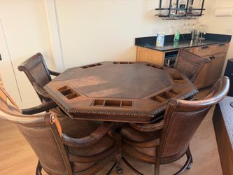 Carved oak and leather octagonal poker table and chair set
