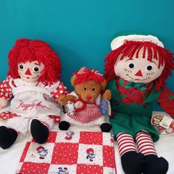 Vintage Raggedy Ann doll, Raggedy Andy Doll,  DAKIN Teddy Bear w/a Miniature Raggedy Doll & blanket