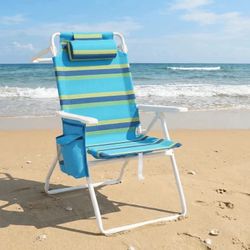 High Backpack Beach Chair for Adults, W/ 5-Position Lay Flat, Headrest, Storage Bag, Cooler Pouch, Towel Bar, Foot Mat, for Tanning