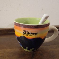 Souvenir 2.5" coffee mug with ceramic spoon from Boone, North Carolina, mountains and "Boone NORTH CAROLINA" written on it. 