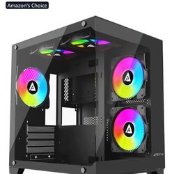 Apevia Prism-BK Prism Micro-ATX Gaming PC Cube Case w/ 5X 120mm ARGB Fans, 366 RGB Modes, Dual Tempered Glass Panels, 240mm Radiator Support, 1X USB3.