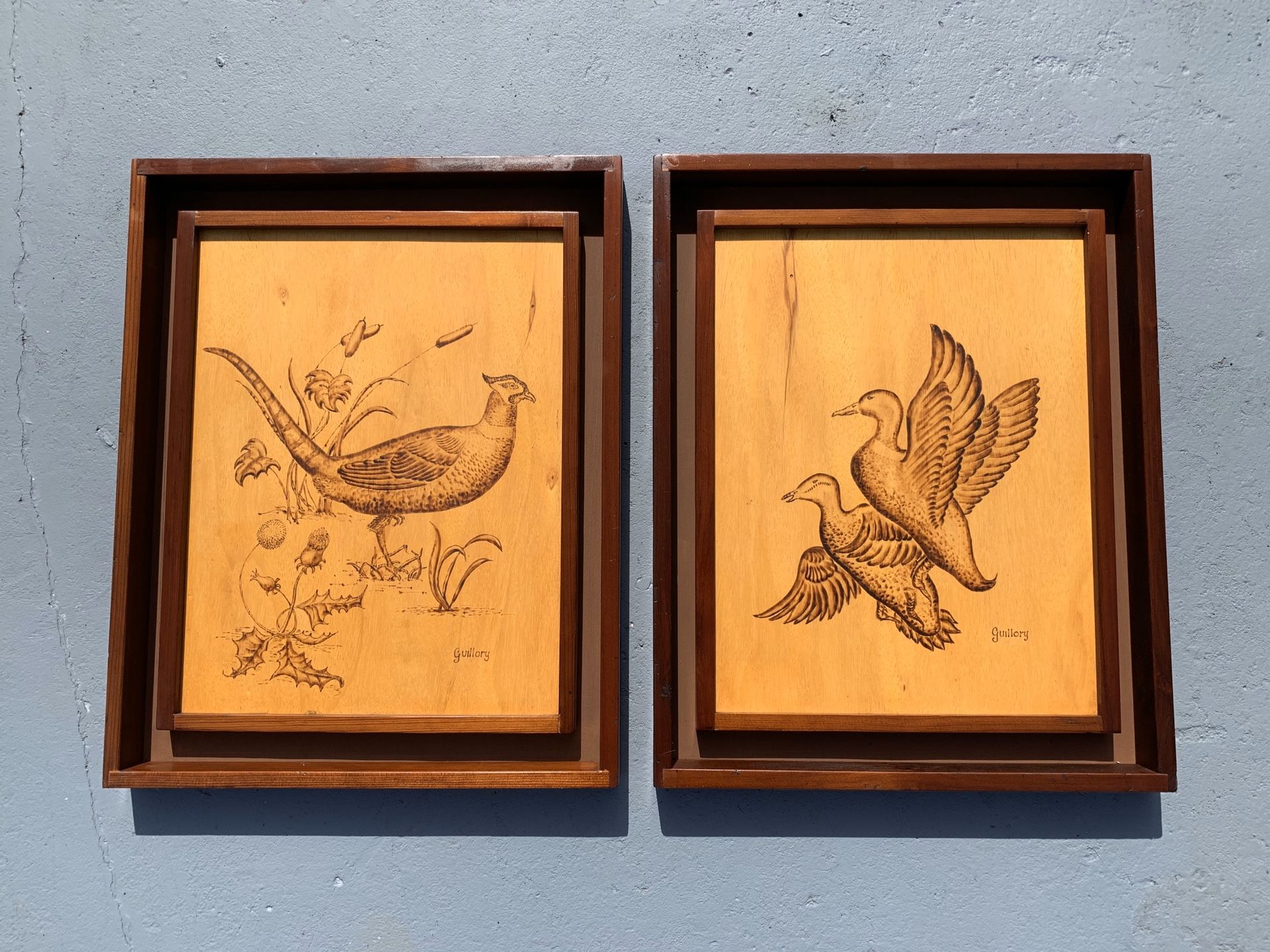 GUILLORY Vintage Handmade Birds Pyrography/Wood Burning Artwork/Art Wall Decor (25”x20”)
