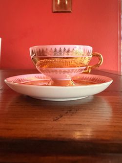 Vintage Bavaria Germany 8427 Pink & Gold Greek Key Teacup & Saucer Set Porcelain