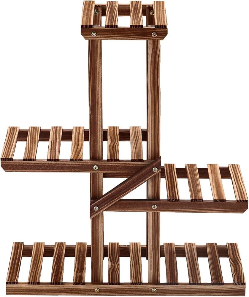 Wood Plant Stand Outdoor Flower Pot Holder Shelf Rack Plant Display Vertical Shelves for Patio Balcony Garden (4-Tier) Pl018