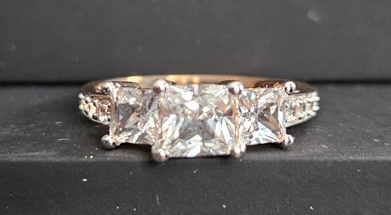 Princess-Cut Lab-Created White Sapphire Three Stone Ring in 10K Rose Gold - size 6.5