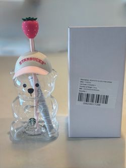 Starbucks Bearista glass pink cup bear starbucks cup with strawberry cap pink hat brand new