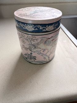 Asian Ceramic Lidded Jar with Crane Design