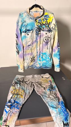 Smoke Rise Denim Co Graffiti Distressed Denim Jacket & Jeans Set Men’s 3XL