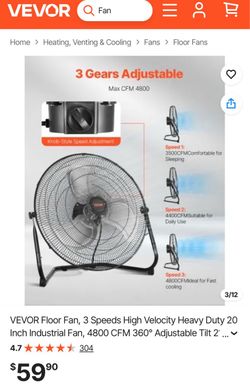 VEVOR Floor Fan, 3 Speeds High Velocity Heavy Duty 20 Inch Industrial Fan, 4800 CFM 360° Adjustable Tilt 21.33 ft/sec Airflow Large Metal Fan, for Hom