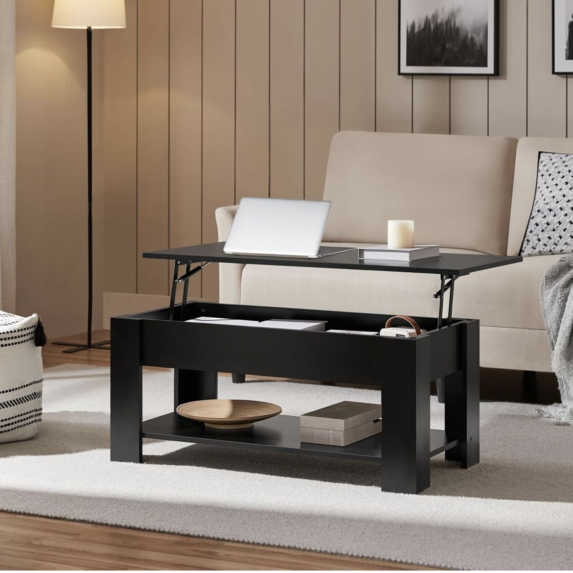 Wooden Coffee Table, Lift Top Coffee Table with Large Hidden Storage Shelf, Lift Tabletop Dining Tables for Living Room, Home Small Space, 38.6in, Bla