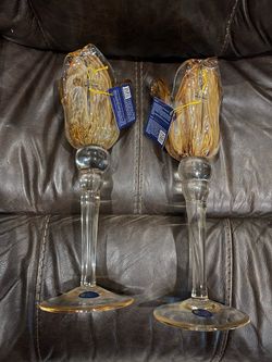Murano Art Glass Pillar Candle Holder White Cristal Italy Peach Tulips 2 Pack