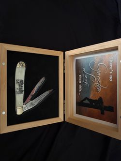Religious Folding Pocket Knife in Wood Display Box