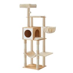 Cat Tree, 65-Inch Tall Cat Tower, Multi-Level Condo with Cave Basket, Hammock, Pompom, Scratching Posts, Almond Yellow, CAEN Collection UPCT118Y01