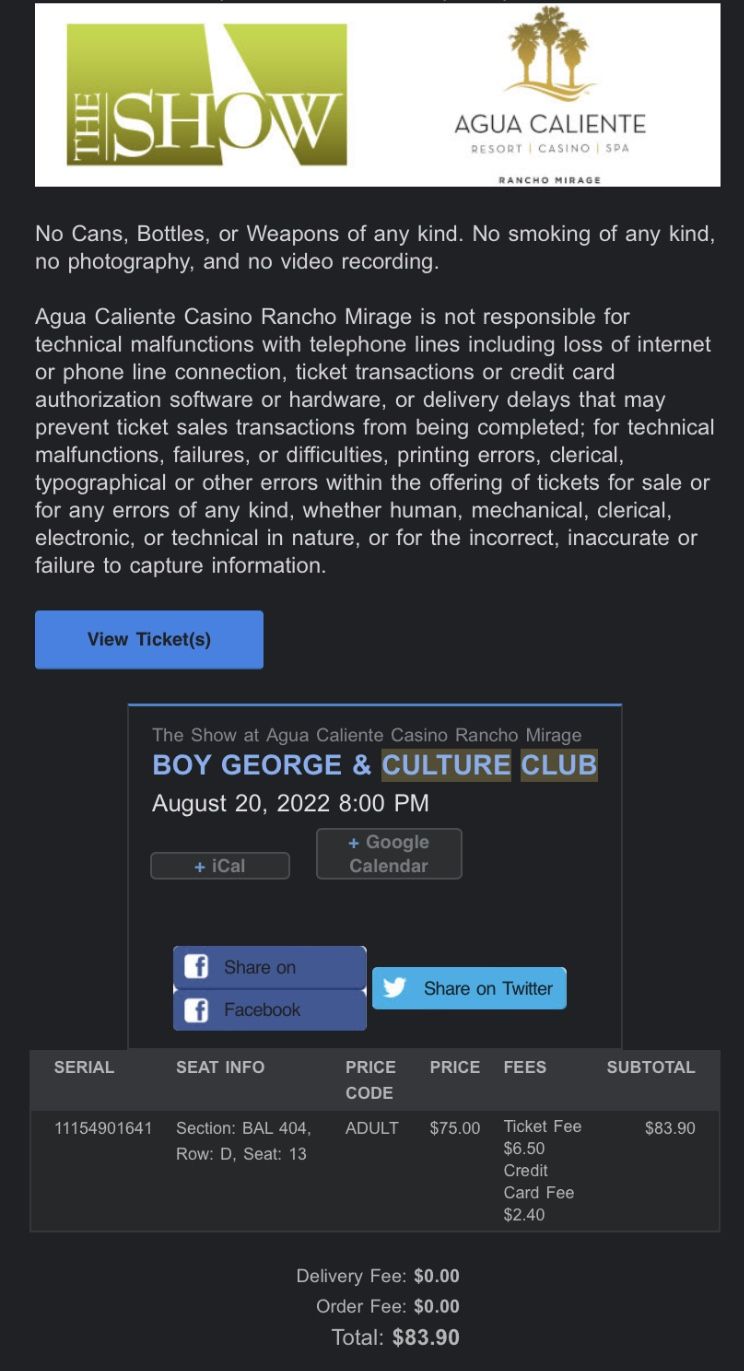 Boy George and Culture Club Ticket 4sale