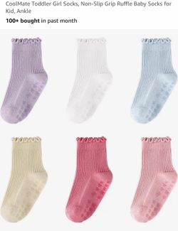 New CoolMate Toddler Girl Socks, Non-Slip Grip Ruffle Baby Socks for Kid, Ankle 3-5 yrs 6 pairs