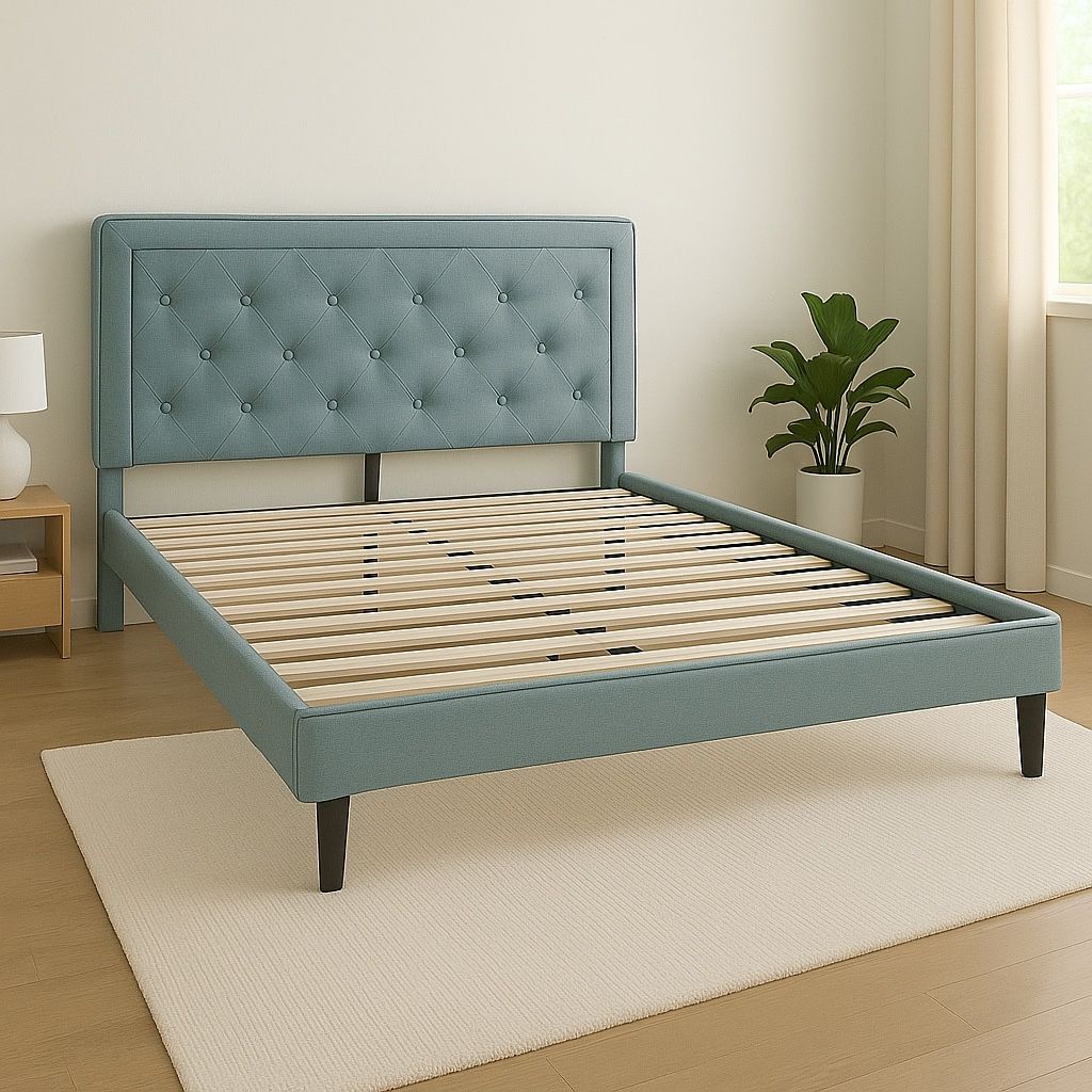 Modern King Upholstered Bed Frame — Tufted Headboard (Light Blue)