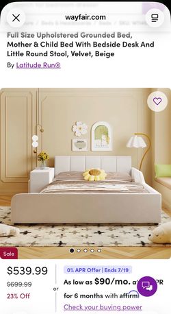 Full Size Beige Upholstered Bed with Built-in Desk