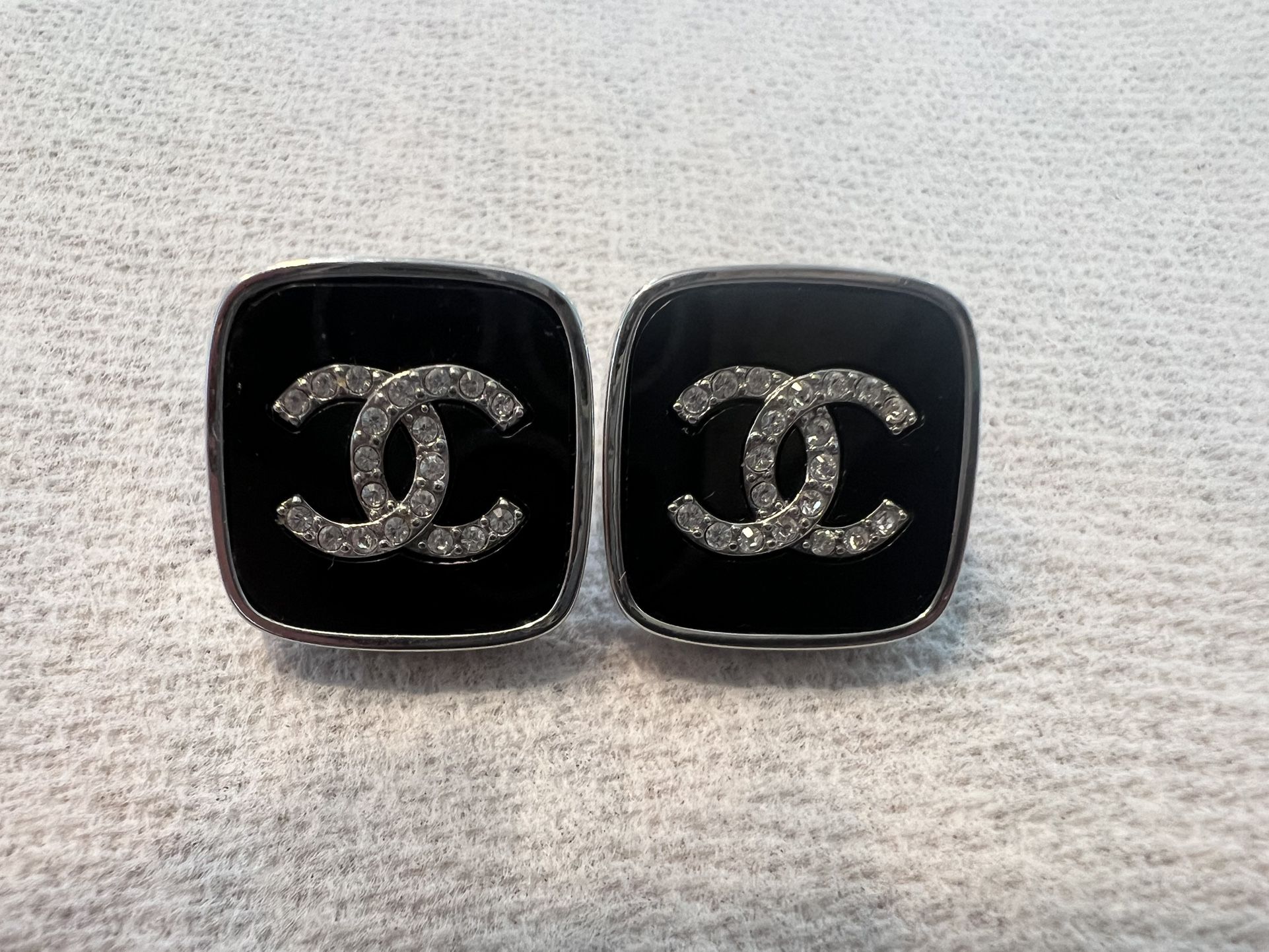 Authentic Chanel Silver And Black Rhinestone Pierced Earrings