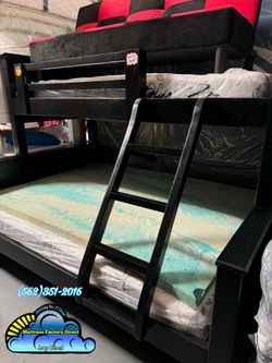 Black Twin Full Double Solid Wood Bunk Bed Complete Set With Mattresses- Litera Doble Negra Con Colchones