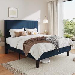 Full Size Upholstered Bed Frame with Vertical Channel Tufted Headboard, Soft Corduroy Fabric Platform Bed, Strong Wooden Slats Support, Eas