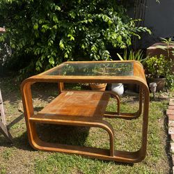 Vintage mid century modern 1970s style wood and glass end table