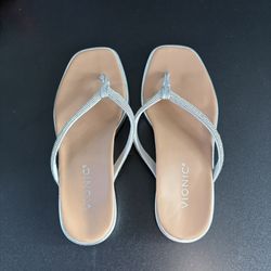 Women's Vionic Vista Shine Silver Rhinestone Thong Flip Flop sz 7 square sandals