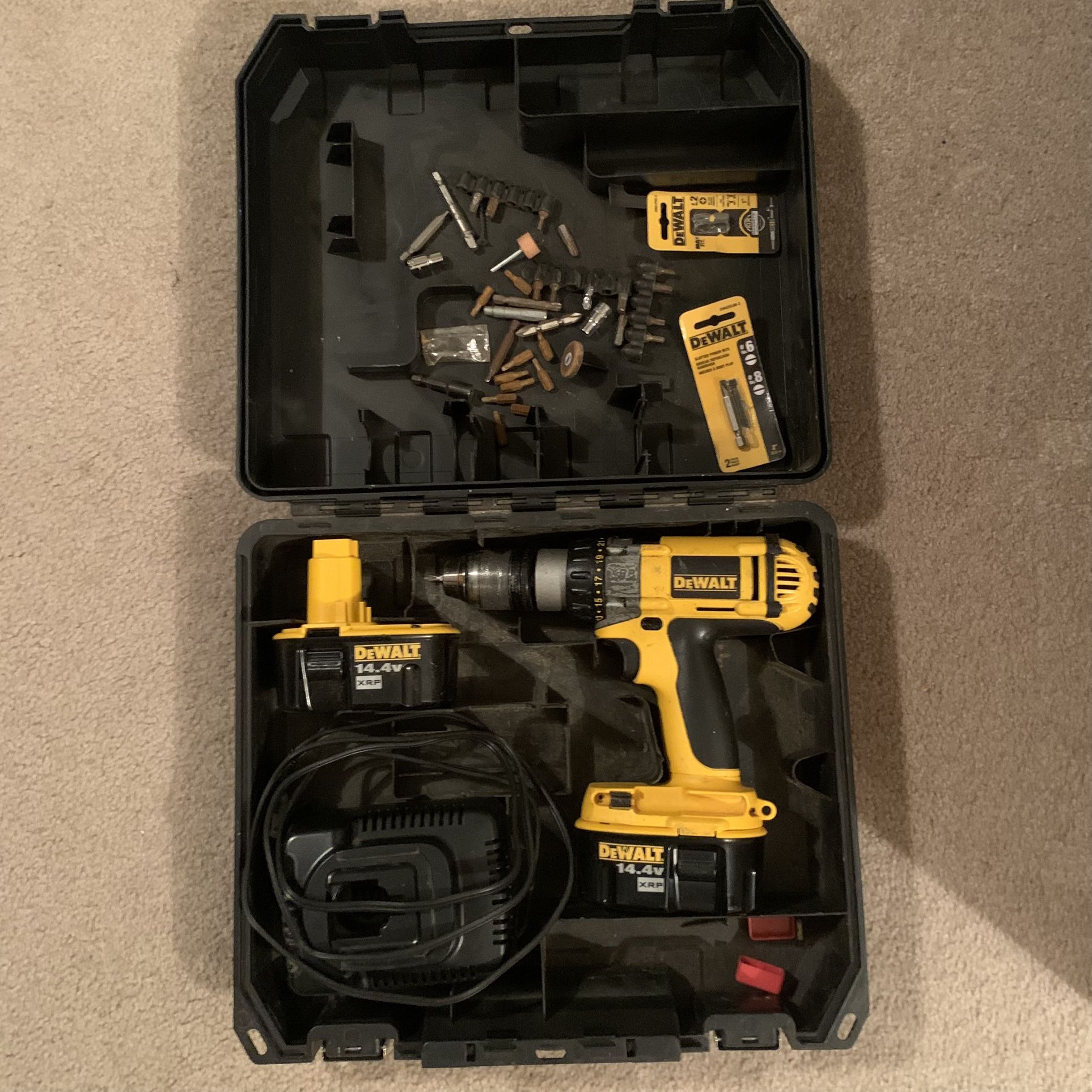 Dewalt 14.4v Cordless Drill - 2 Batteries - Charger - Extra Bits - Case