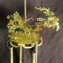 3D Vtg Gold Laser Cut Filigree Santas Sleigh Wind Chime Christmas Ornament Rare