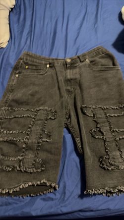Black Denim Shorts with Graphic Embroidery
