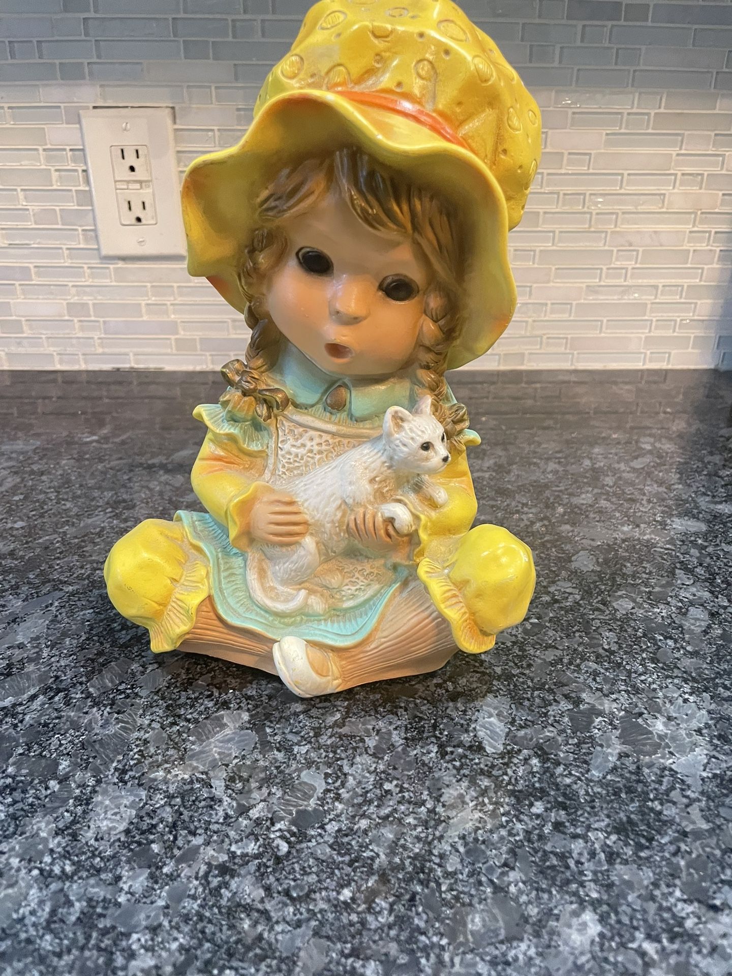 Vintage Statue Of Little Girl In Bonnet Yellow Holding A Cat