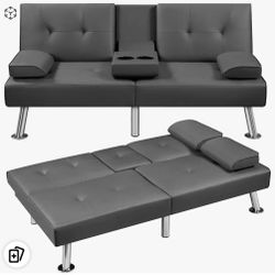 Convertible Sofa Bed Adjustable Couch Sleeper Modern Faux LeatherHome Recliner Reversible Loveseat Folding Daybed Guest Bed, Removable Armrests, Cup H