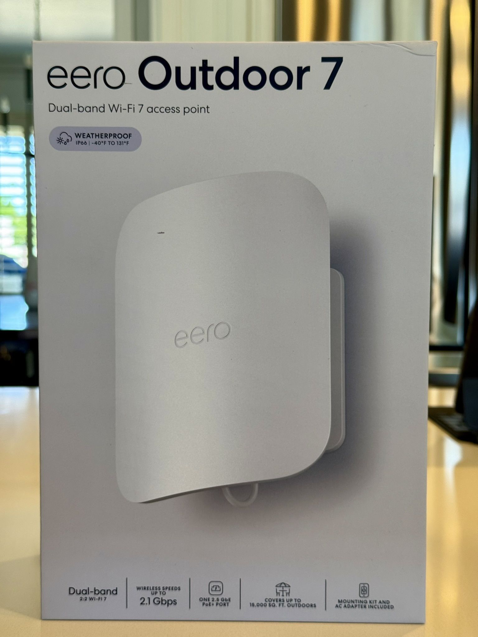 Eero Outdoor 7 Dual-Band Mesh WiFi Router, IP66, Coverage up to 15,000sqft, A/C Power Adapter, BNIB