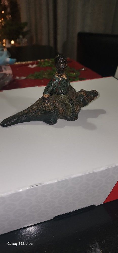 ..Antique Rare 1930's Americana Cast Iron Boy On Alligator