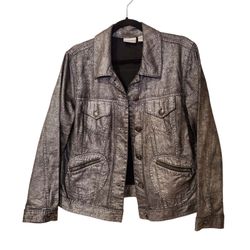Chicos Metallic Silver Gray Moto Trucker Button Up Shirt Jacket L 2