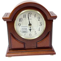Seiko Sayo Brown Wood Gold Mantel Clock Dual Chimes Westminster QXJ012BLH New
