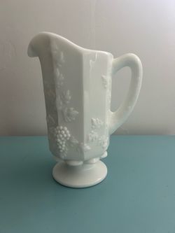 7 x 9” Milk Glass Pitcher with Grape Vine Relief
