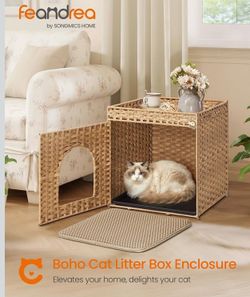 Cat Litter Box Enclosure, Handwoven Rattan Hidden Litter Box Furniture with Extra Mat, Removable Washable Tray, Boho Cat House, End Table, Goose Yello
