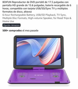 BOIFUN Reproductor de DVD portátil de 17.5 pulgadas con pantalla HD grande de 15.6 pulgadas, batería recargable de 6 horas, compatible con tarjeta USB