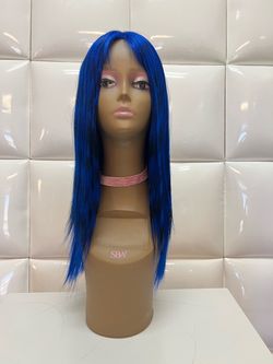 Synthetic straight black stripes blue wig-$40 new-Halloween costume cosplay dress up-peluca