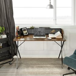 Homy Casa Ava 47" X-shaped Office Desk Writing Table with Mesh Metal Frame,Brown