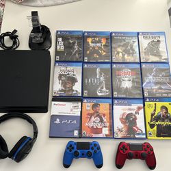 PlayStation 4 Slim, With 2 Controllers, Wireless Headset, and Games!