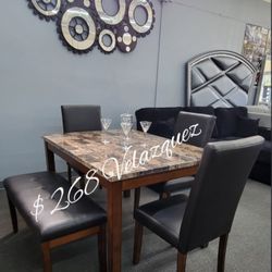 ✅️✅️5 pc brown finish wood faux marble top rectangular dining table set with bench✅️