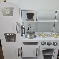 Vintage Wooden Play Kitchen with Ice Maker and Play Phone